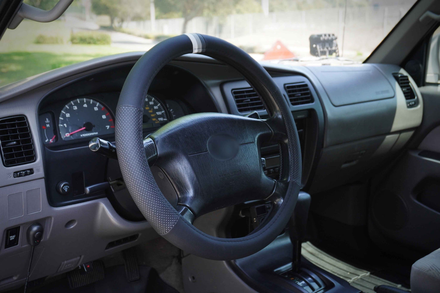 Grey Retro Stripes Steering Wheel Cover for TRD Toyota, 15 1/2 Inch, Leather