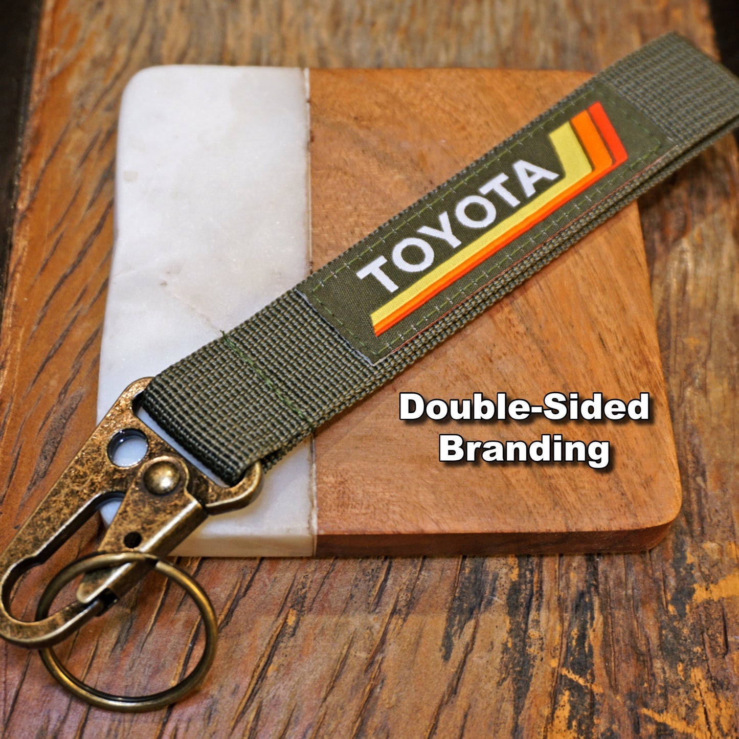 Vintage Heritage Stripes Keychain for Toyota, Green, Antique Brass Metal Clip Accessory