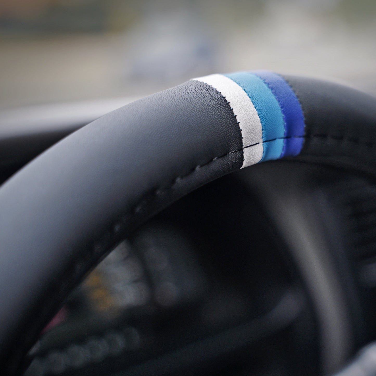 Blue Retro Stripes Steering Wheel Cover for Toyota, 15 1/2 Inch, Leather