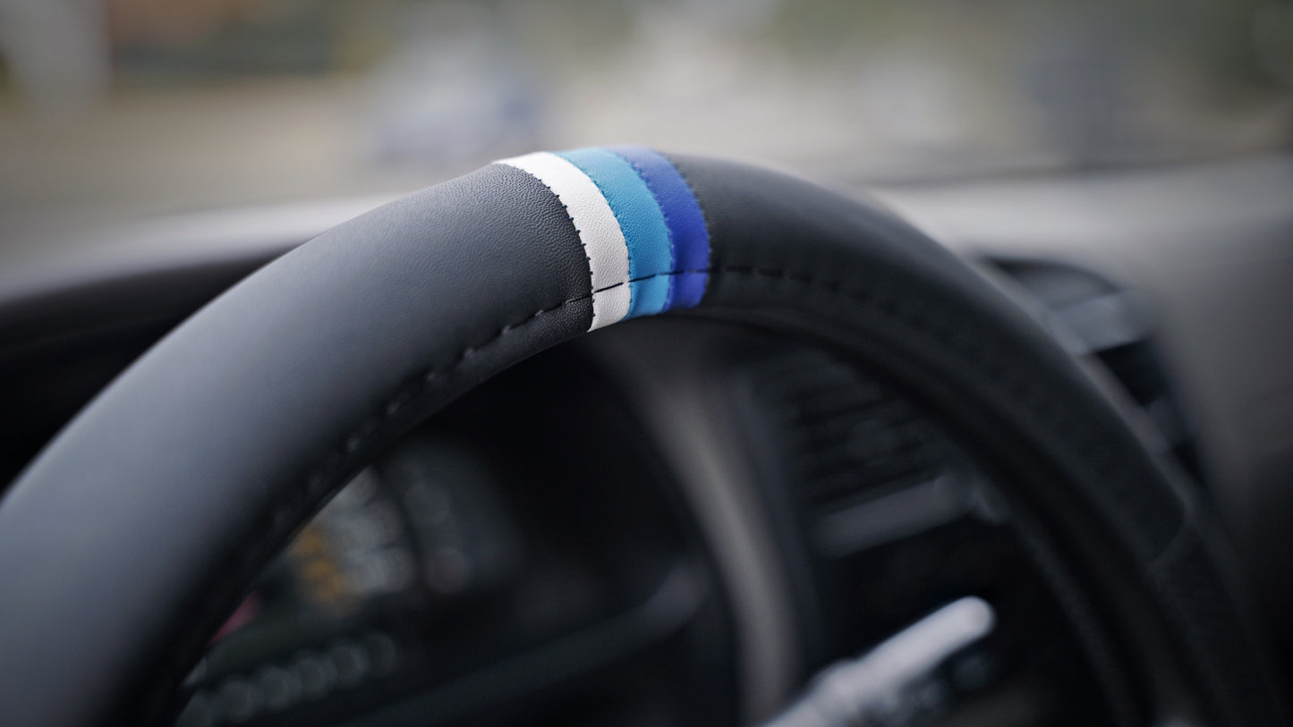 Blue Scheme Retro Stripes Steering Wheel Cover for TRD Toyota, 15 1/2 Inch, Leather