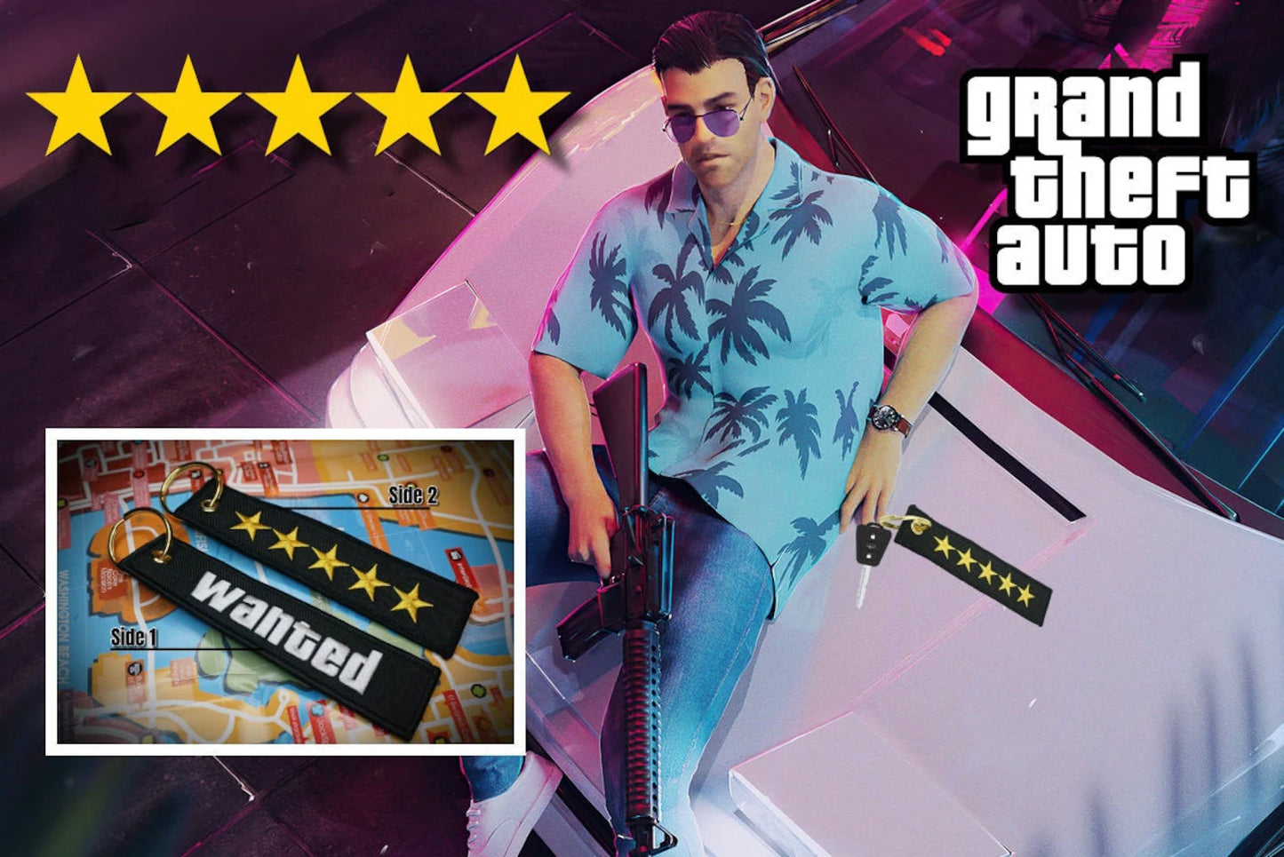 Llavero GTA Wanted Level, 5 estrellas, bordado, accesorio de estilo Grand Theft Auto