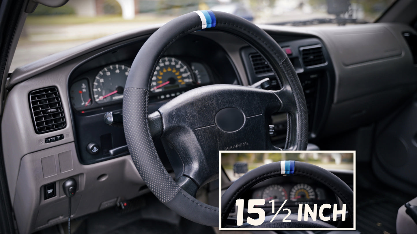 Blue Scheme Retro Stripes Steering Wheel Cover for TRD Toyota, 15 1/2 Inch, Leather