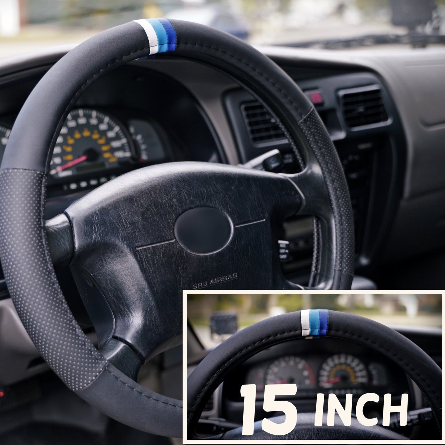 Blue Retro Stripes Steering Wheel Cover for Toyota, 15 Inch, Leather